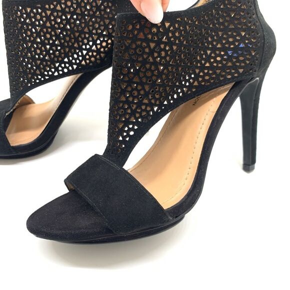 BCBGeneration Kadia Black Sz 7.5 Suede Lattice Stiletto Open Toe Zip Closure - Picture 11 of 13